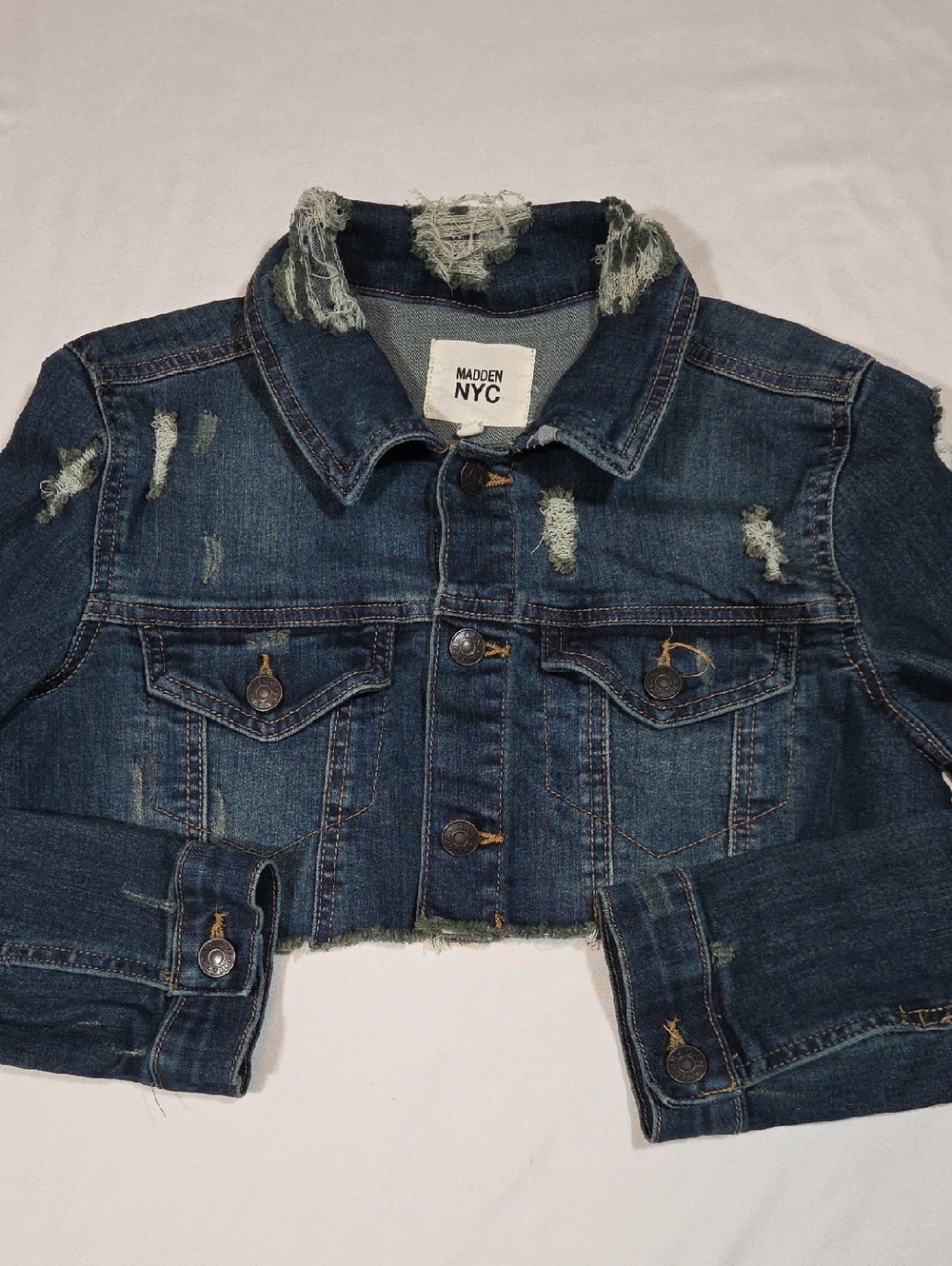 Madden NYC Cropped Denim Distressed Jean Jacket Size Small